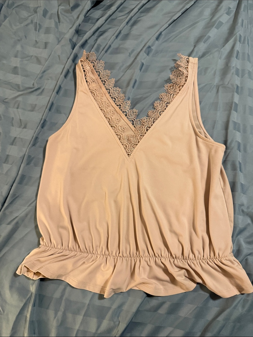 Express Blush Pink Lace-Trim V-Neck Peplum Tank Top